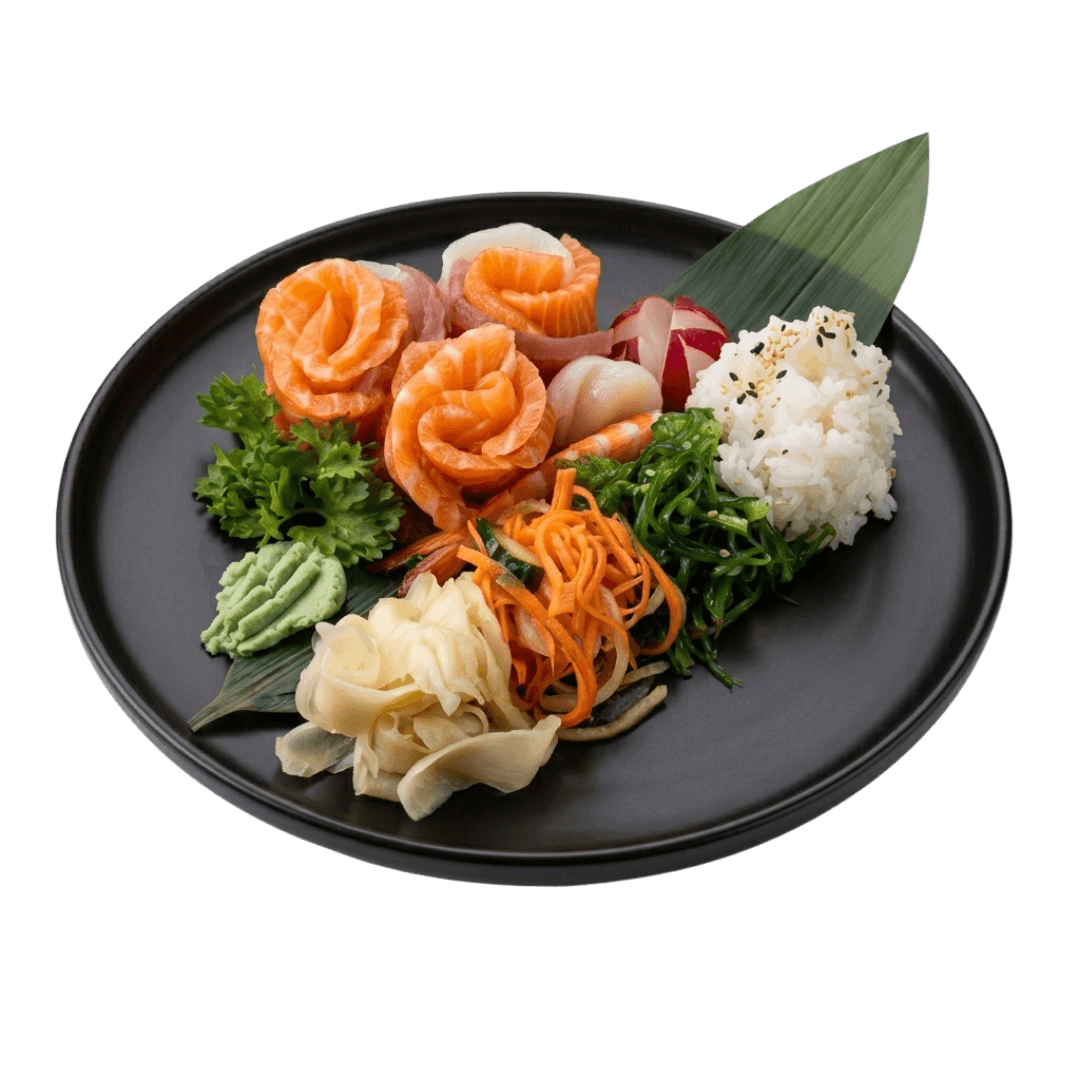 15 Skiver Sashimi Serveres Med Ris Og Garnityr